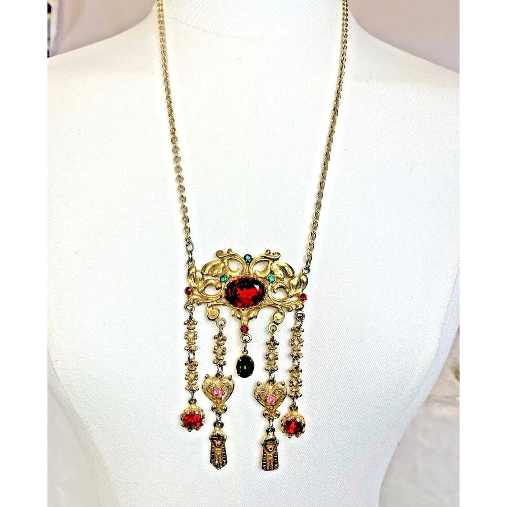 Vintage Lupé Signed Egyptian Revival Necklace Gold Tone Rhinestone Fringe